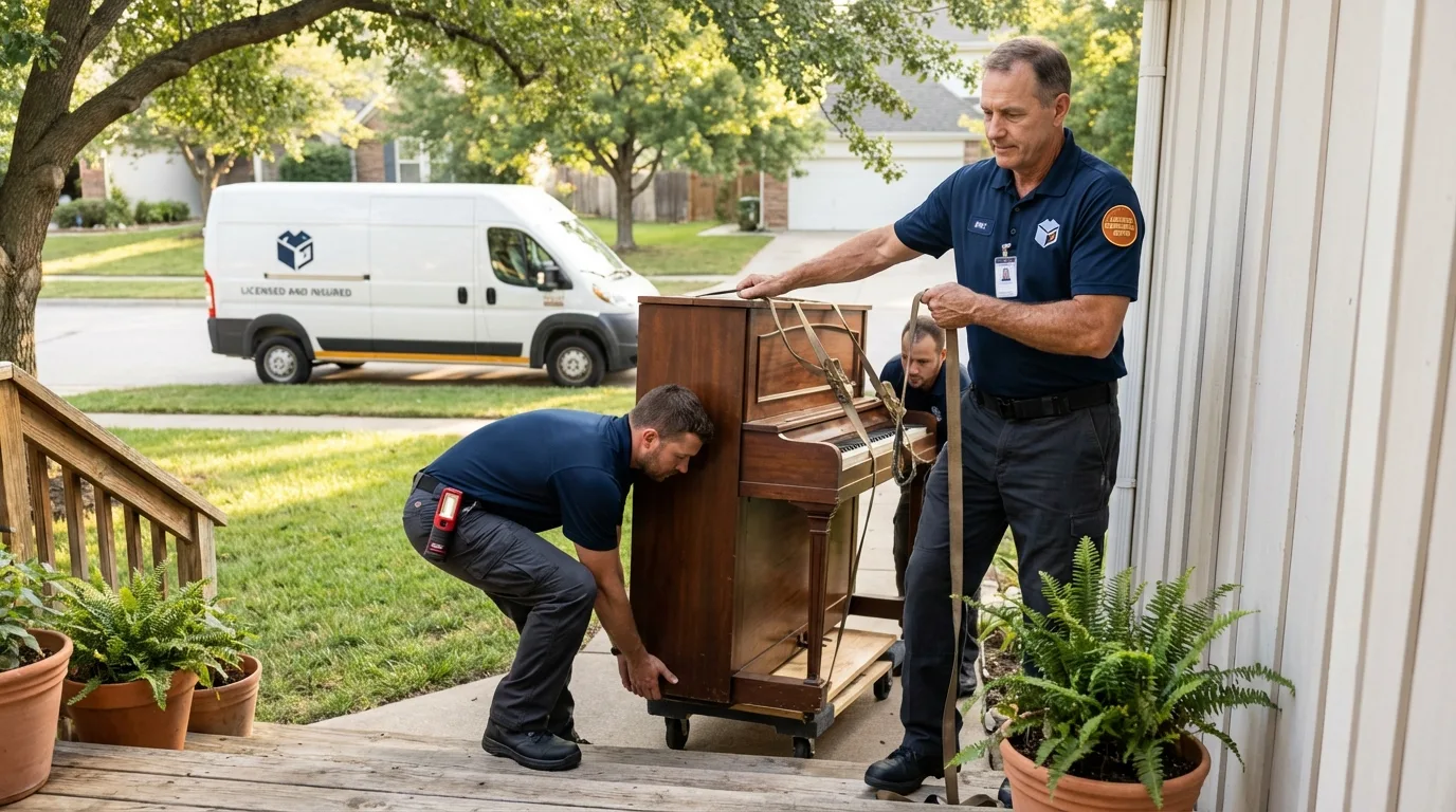 Licensed piano movers securing grand piano in Randleman, NC