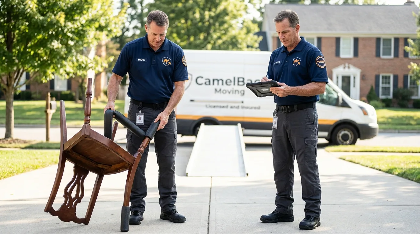 Movers inspecting furniture for damage prevention before loading in Randleman, NC